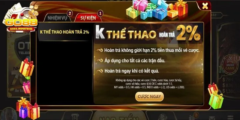 GO88 hoàn trả K thể thao tận 2%