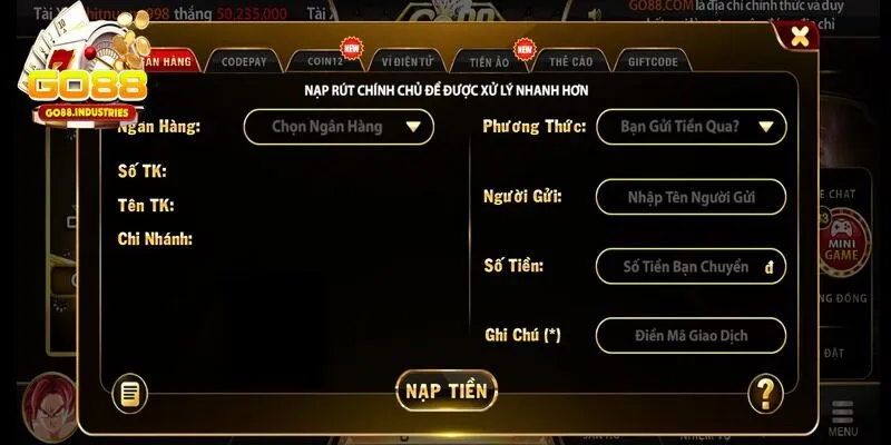 Quy trình cụ thể các bước nạp tiền tại Go88 là gì?