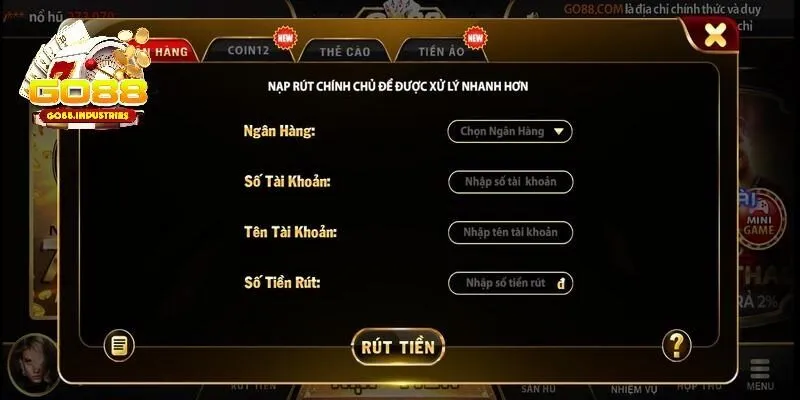 Rút tiền GO88 qua tài khoản ngân hàng dễ dàng nhất